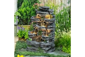 TOBYUL 7-Tiers Garden Waterfall Fountain Outdoor - Water Fountains and Waterfalls, Outdoor/Indoor Floor Standing Resin Water Fountain with LED Light for Patio, Garden and Backyard, Deck, Porch, Home