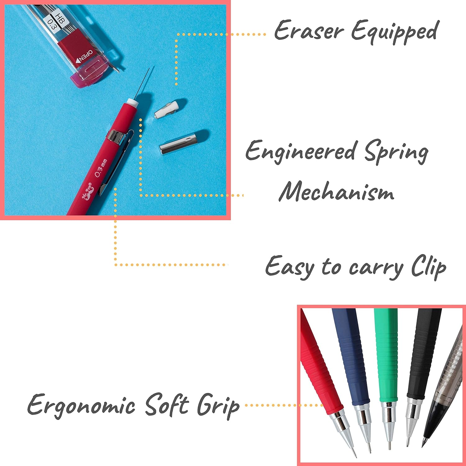 Mr. Pen Mechanical Pencil Set with Lead and Eraser Refills, 5 Sizes - 0.3, 0.5, 0.7, 0.9 and 2 Millimeters, Drafting, Sketching, Illustrations, Architecture, Drawing Mechanical Pencils : Office Products