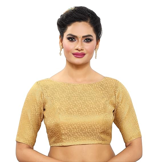 Women's Golden Banaras Brocade Readymade Saree Blouse with Elbow Length Sleeves & with Boat Neck