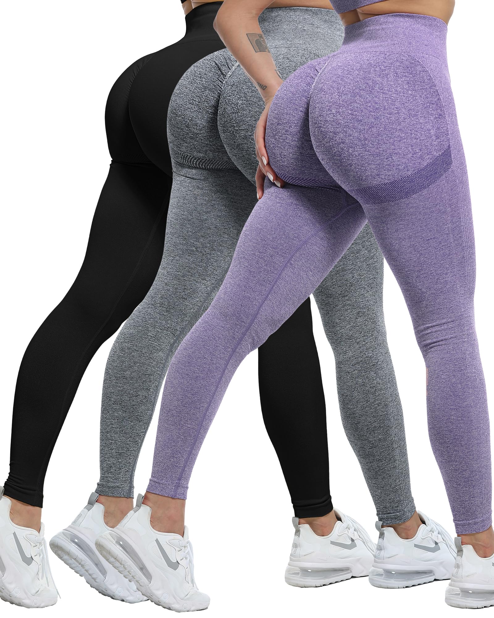 Photo 1 of CHRLEISURE Workout Leggings Sets for Women, Gym Scrunch Butt Butt Lifting Seamless Leggings 3 Piece (Black,Gray,Purple, L)