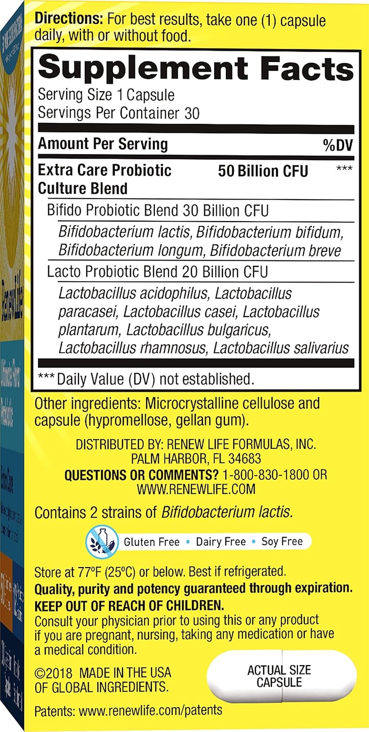 Renew Life Adult Probiotics 50 Billion CFU Guaranteed, 12 Strains, For Men & Women, Shelf Stable, Gluten Dairy & Soy Free, 30 Capsules, Ultimate Flora Extra Care- 60 Day Money Back Guarantee: Health & Personal Care