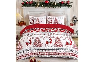 WONGS BEDDING Christmas Duvet Cover Set Queen 3 Pieces Red Deer Tree Snowflake Pattern Printed Bedding Comforter Cover with Zipper Closure for New Year Holiday, Soft Microfiber Bedding 90" x 90"