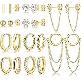 14K Small Gold Plated Hoop Studs Earrings for Women, Fashion Hypoallergenic Dainty Minimalist CZ Ball Chain Earrings for Birthday Party Christmas Jewelry Gift.