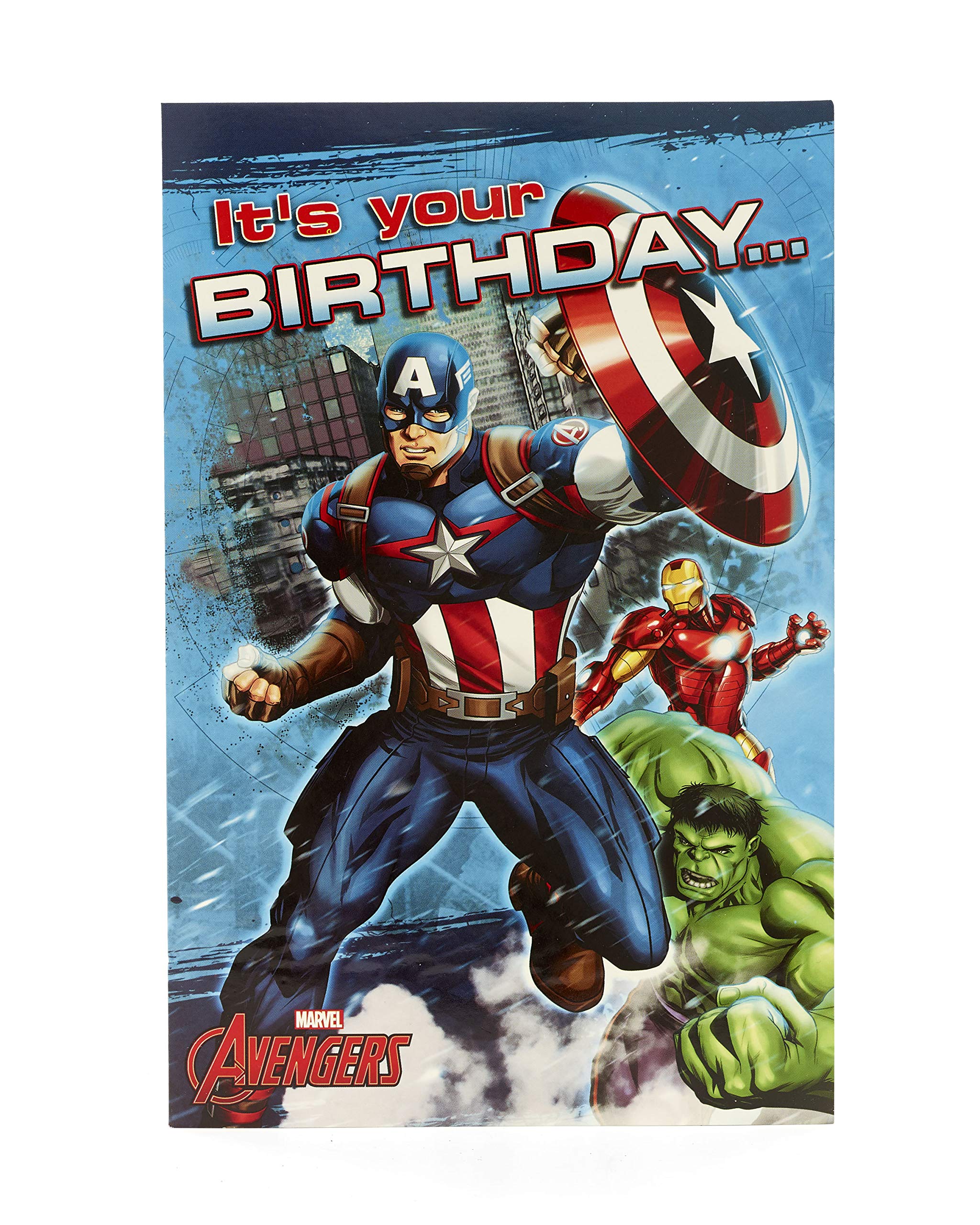 UK Greetings Boys Birthday Card - Marvel Birthday Card - Birthday Boy Card - Avengers Birthday Card - Featuting Captain America, Hulk & Iron Man, blue|brown|beige|grey, 149 x 229mm