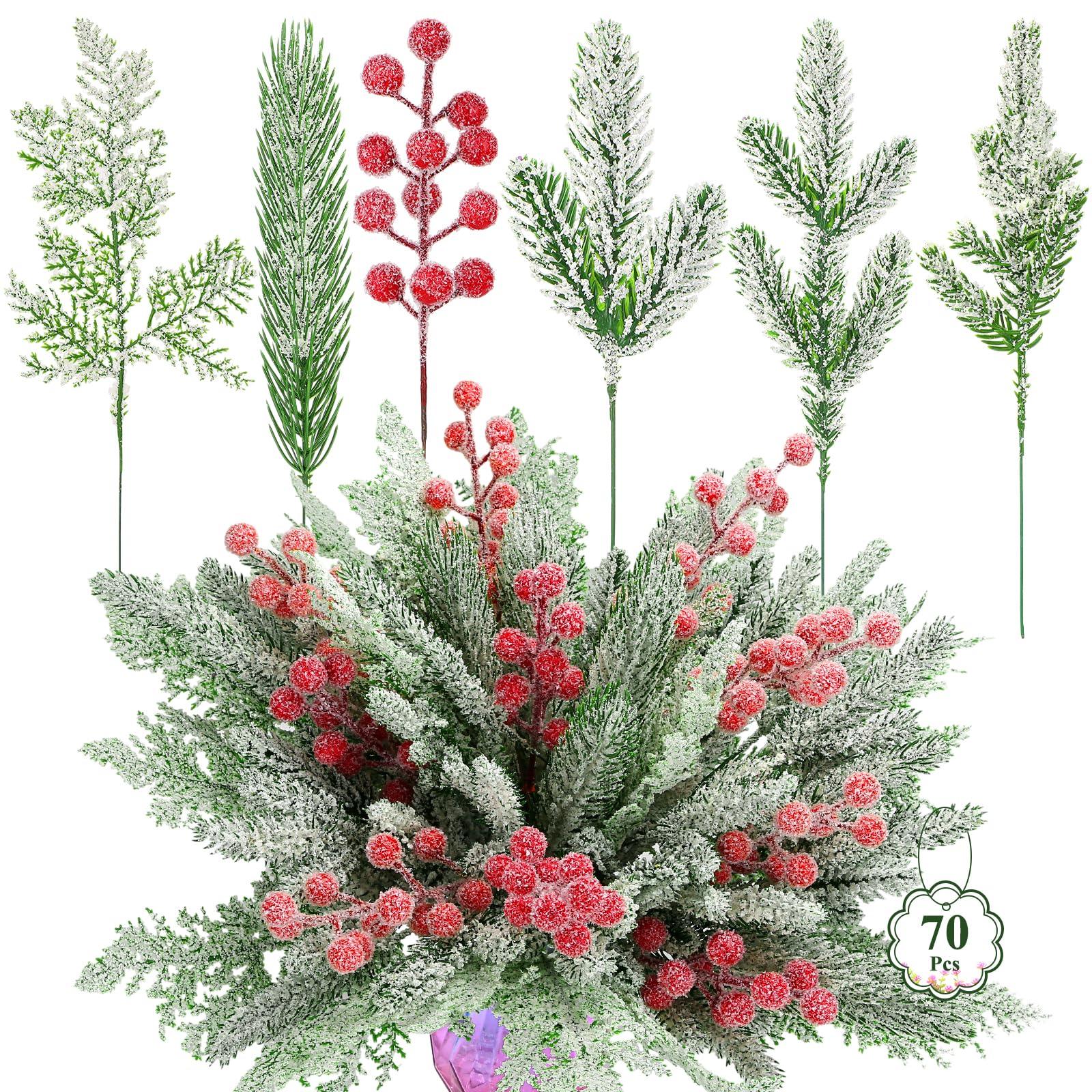 Photo 1 of ***MISSING PARTS***
70PCS Christmas Snowy Pine Branches Greenery - Artificial Pine Needles Branches with Red Berry Stems Fake Frosted Cedar Pine for DIY Christmas Tree Xmas Wreath Garland Crafts Winter Home Decorations