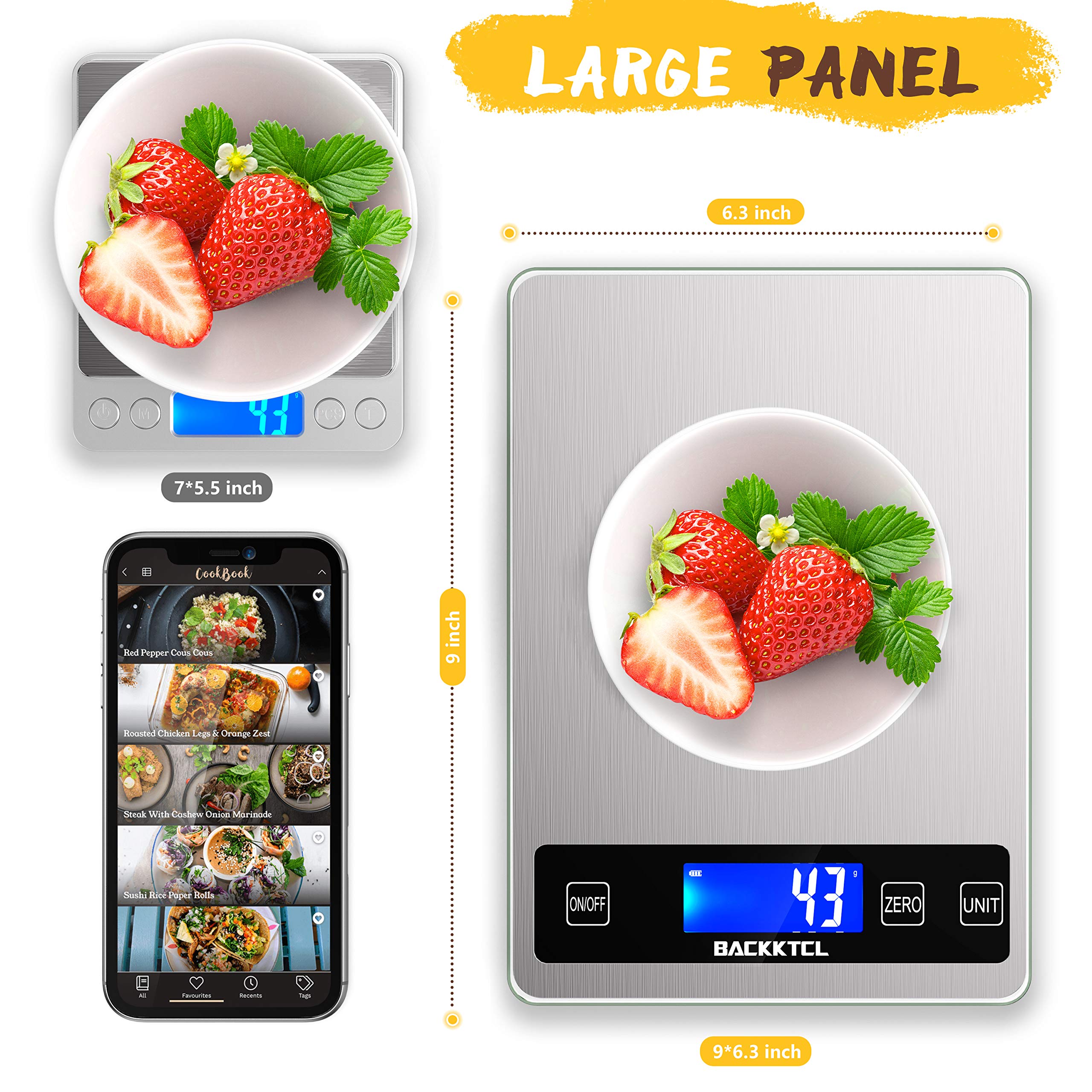 BACK KTCL''Cooking Master' 22lb Digital Kitchen Scale,Food Scale Measures in Grams and Ounces for Weight Cooking Baking,1g/0.1oz Precise Graduation,Stainless Steel and Tempered Glass