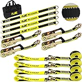 KJE Heavy Duty Car Trailer Tie Down Straps with Reflective - (4) 2" x 10' Ratchet Straps + J-Hooks with Clip, (4) Axle Straps 2" x 36'' - 10,000lbs Break Strength - Use for Car, Truck, UTV Transport