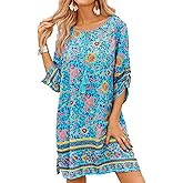 Zeagoo Womens Boho Dresses Casual Beach Summer Dress Tassel Tie Neck 3/4 Long Sleeve Mini Sundress 2026 Floral Print Cover Up