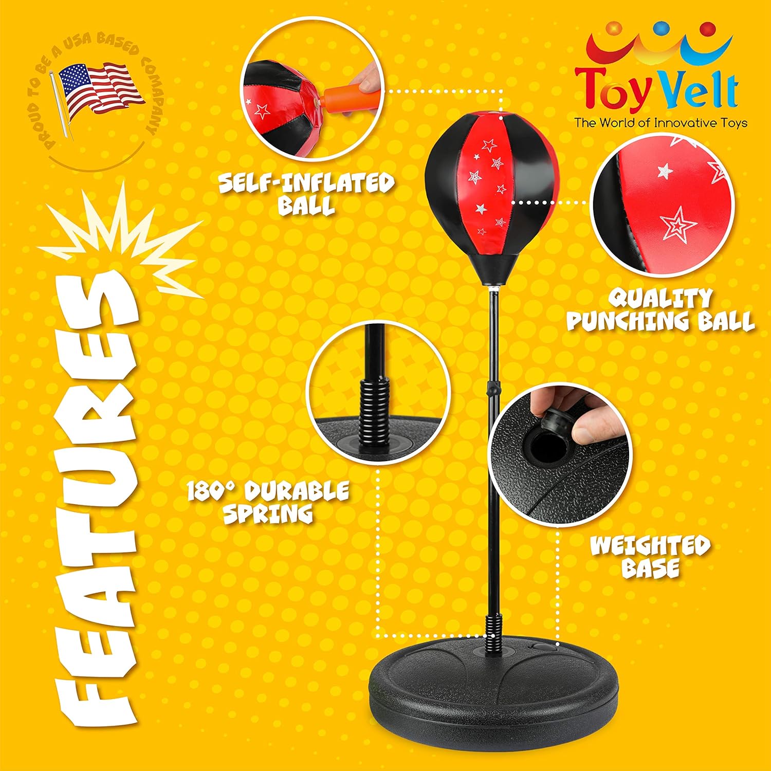 ToyVelt Punching Bag For Kids Boxing Set Includes Kids Boxing Gloves And punching bag, Standing Base With Adjustable Stand + Hand Pump - Top Gifting Idea For Boys and Girls Ages 3 - 8 Years Old: Toys & Games