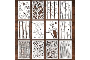 Keluna Tree Texture Stencils for Painting, 12 Pcs Tree Branches Stencils for Painting on Wood Wall Decor, Mixed Designs Tree Branch Bird Stencils for Painting on Canvas Wood Wall Floor Home Decor