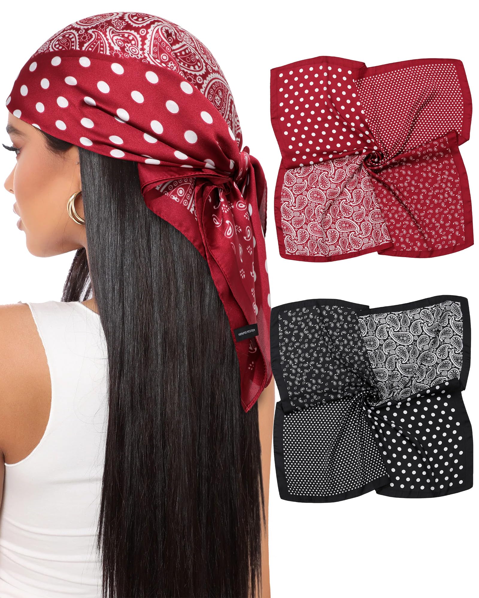 AWAYTR 27.5” Satin Head Scarf for Women Like Silk Scarf Hair Bandanas Women 2Pcs Satin Neck Scarf Headscarf Hair Wrap
