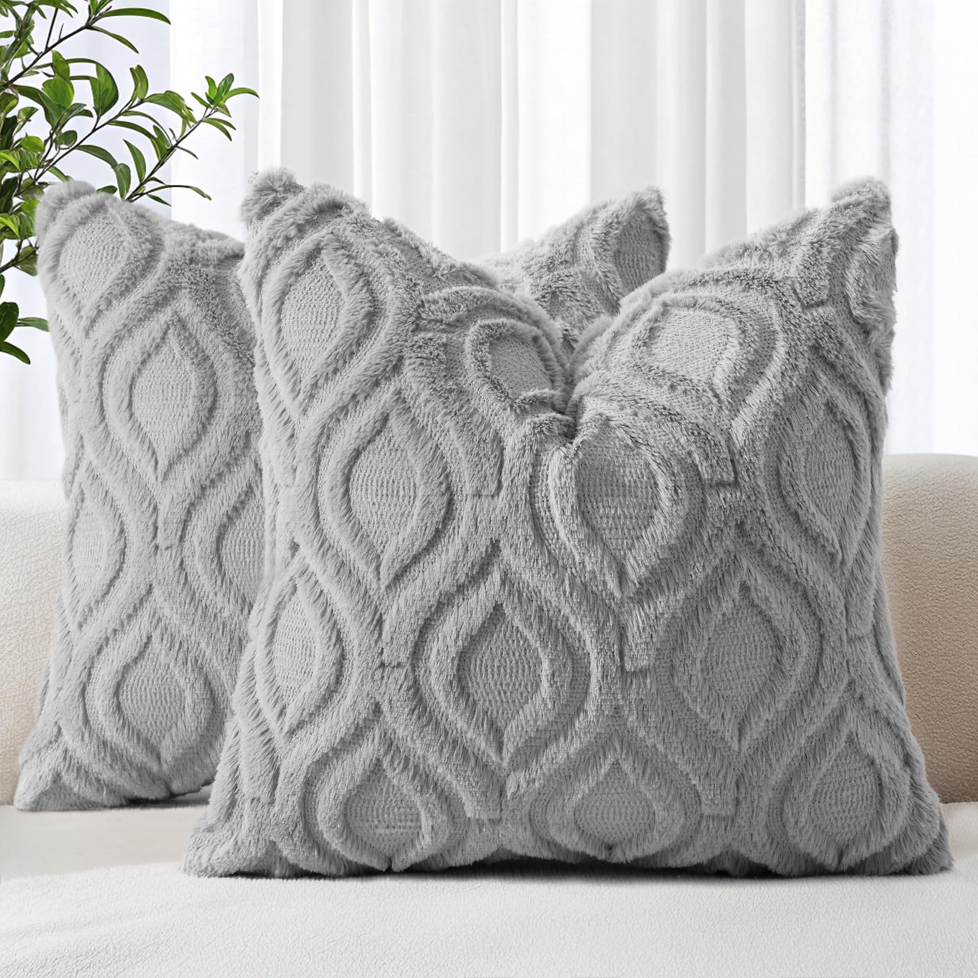 Photo 1 of decorUhome Fall Throw Pillow Covers 20x20 Inch Set of 2, Soft Plush Decorative Faux Fur Grey Solid Couch Pillow Covers, Accent Farmhouse Neutral Square Euro Pillow Cases for Sofa Bed Living Room