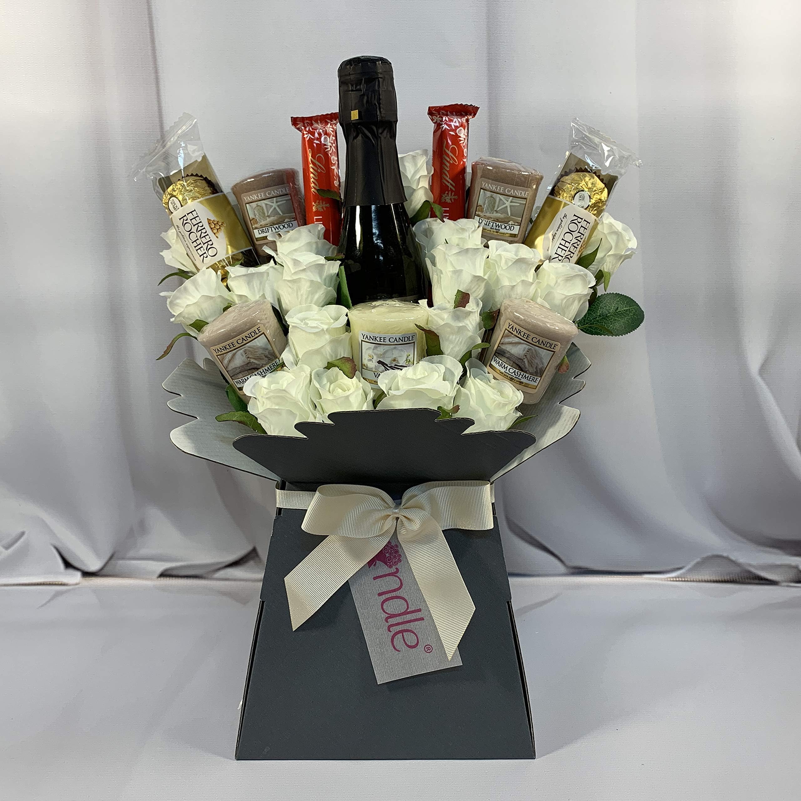 The Yankee Candle, Ivory Rose & Chocolate Bouquet with a Bottle of Vino Spumante Prosecco 20cl (10.5% ABV), containing Lindt Lindor & Ferrero Rocher Chocolates