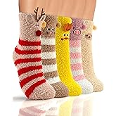 TEHOOK 5 Pairs 3D Cute Fuzzy Socks for Teens Girls Stocking Stuffers Gifts, Funny Animal Soft Fluffy Cozy Warm Socks for Women