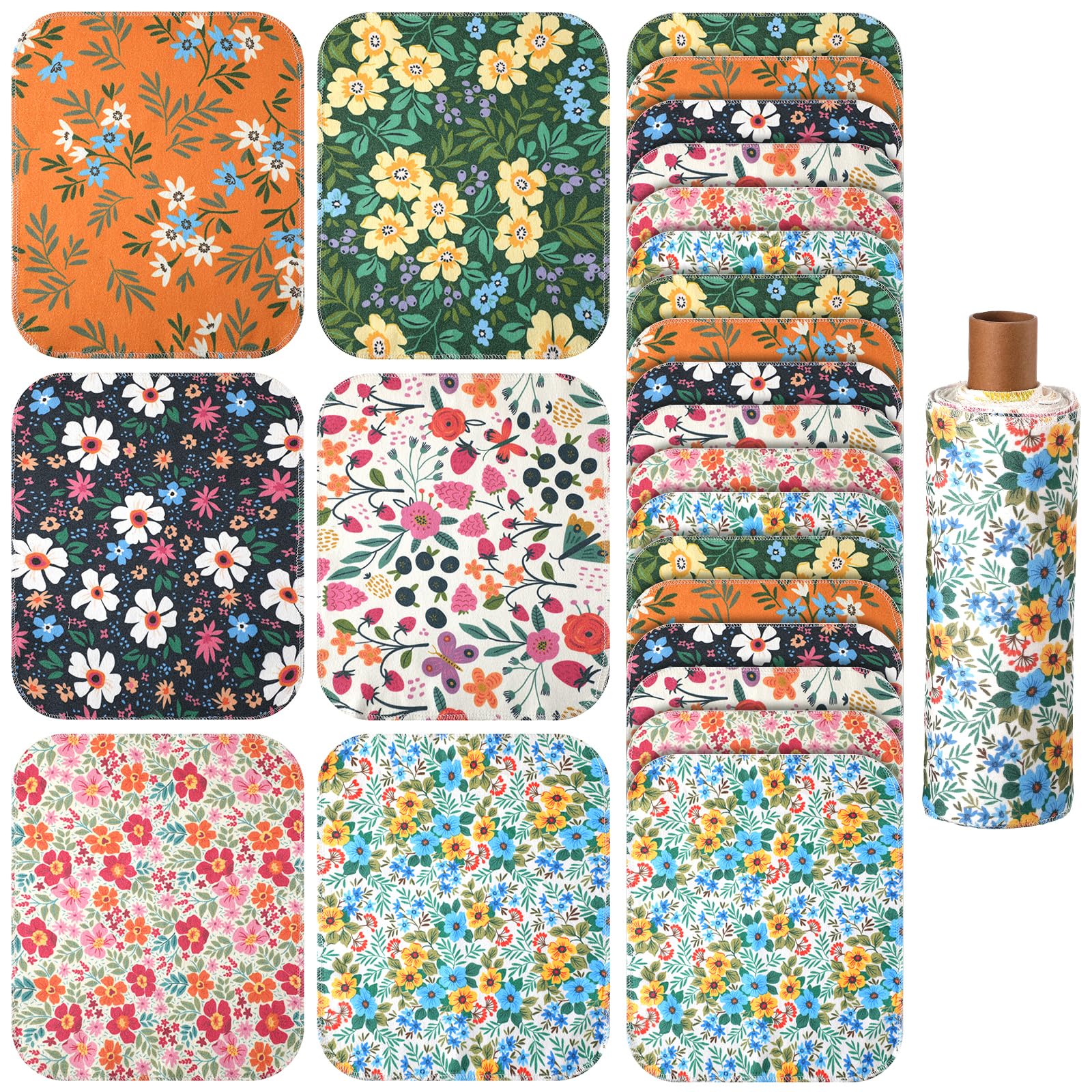 View 1 of Redbaker 30 Pcs Reusable Paper Towels Rolls Kitchen Towels Bulk Washable Paperless Cloth Cotton Hand Napkins with Cardboard Reusable Napkins for Kitchen Bathroom(Floral,10 x 12 in)