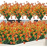 20 Bundles Artificial Flowers for Outdoors Spring Summer Decor-UV Resistant Fake Mums Faux Plants Plastic Flowers Greenery for Home Porch Gardens Fireplace Patio Indoor Outsides Decor(Orange Red)