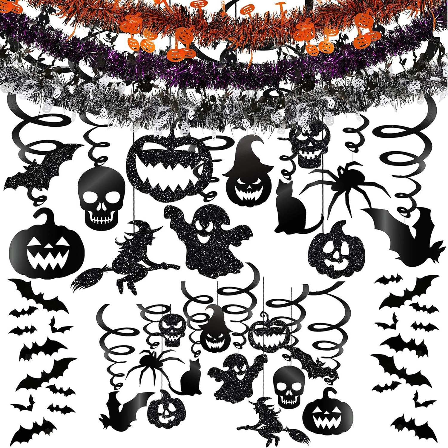 Winlyn 48 Pcs Halloween Hanging Swirl Decorations Party Swirls Streamers Haunted House Hanging Ceiling Chandelier D&eacute;cor with Bats Witch Pumpkin Skull Ghost Cat Spider Cutouts and Bats Stickers