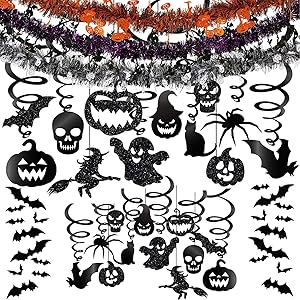 Winlyn 48 Pcs Halloween Hanging Swirl Decorations Party Swirls Streamers Haunted House Hanging Ceiling Chandelier D&eacute;cor with Bats Witch Pumpkin Skull Ghost Cat Spider Cutouts and Bats Stickers