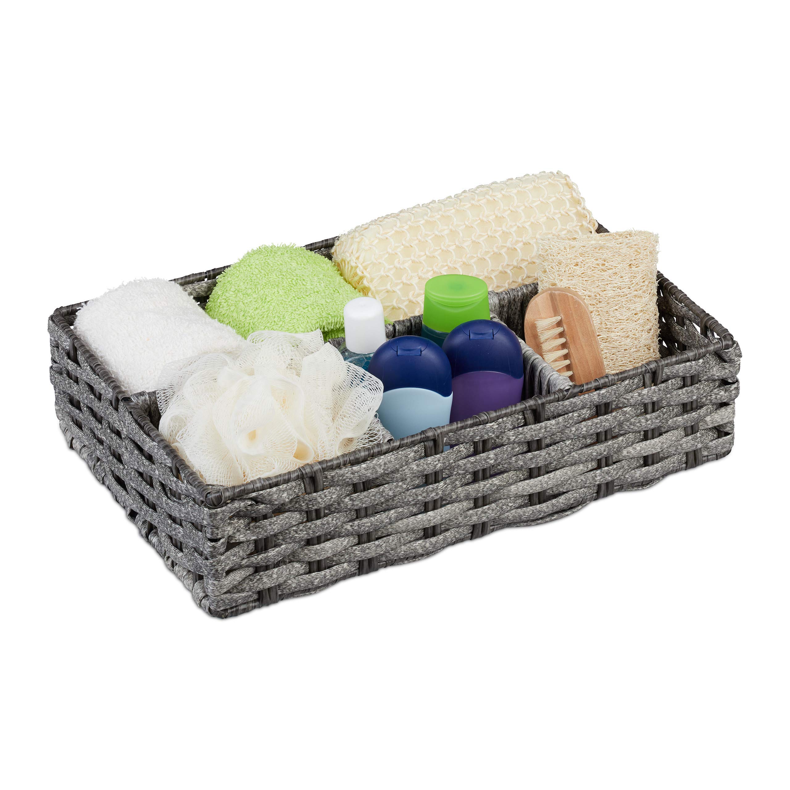 Relaxdays Storage Basket, 4 Compartments, Wicker Design, Bathroom Organiser, Plastic, Tidy Box, 8 x 31 x 21 cm, Black