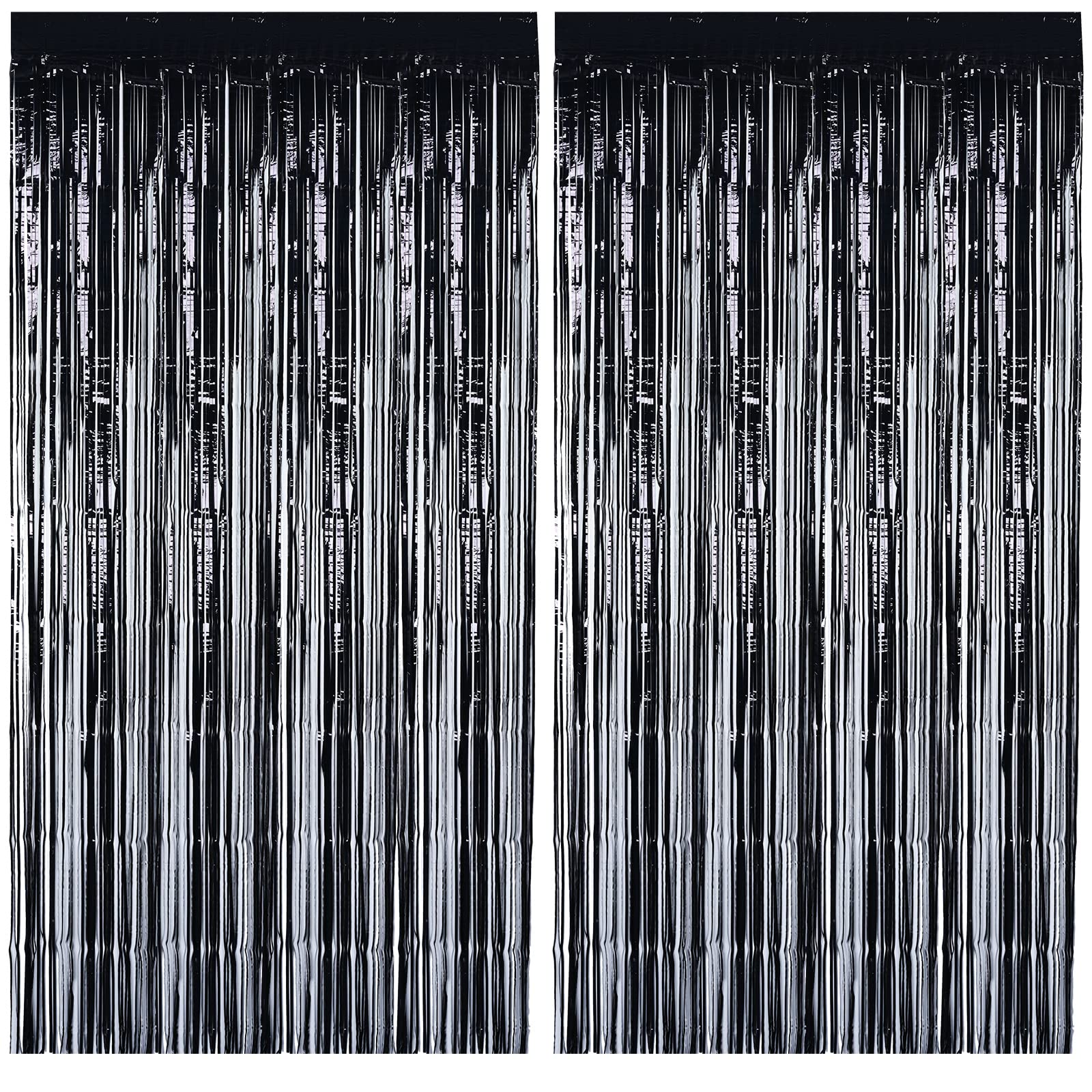 2Pcs 3.3ft x 8.2ft Tinsel Foil Curtains, Black Metallic Foil Fringe Curtains, Backdrop Curtain Streamers for Baby Shower Birthday Bridal Shower Wedding Holiday Halloween Christmas