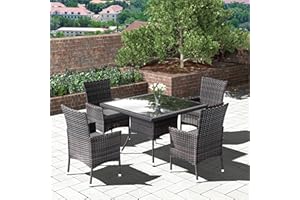 RTDTD 5 Pieces Patio Dining Set Outdoor Rattan Furniture Dinning Set with Square Glass Tabletop 4 Chairs with Cushions for Patio, Backyard Outdoor Kitchen Lawn & Garden Grey