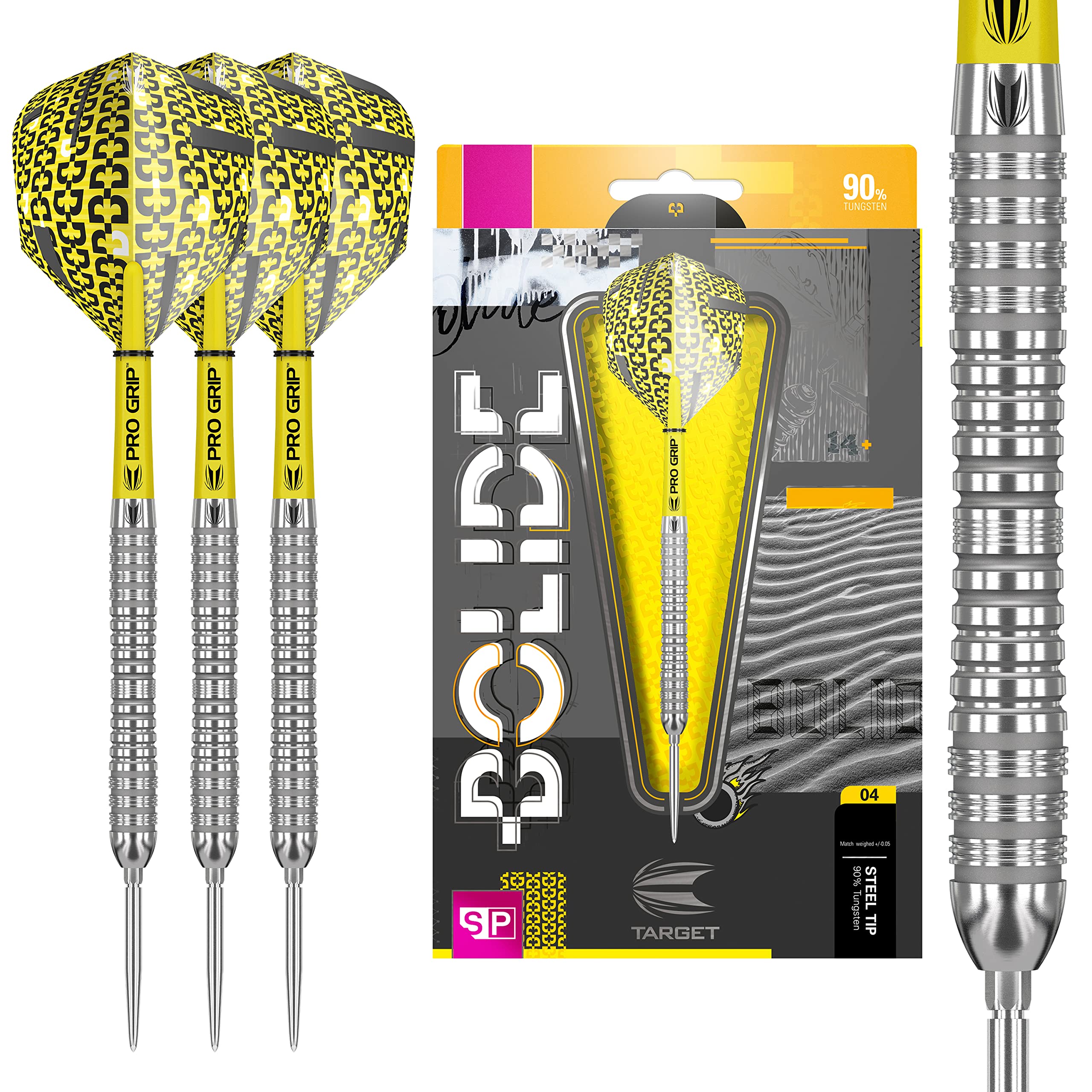 Target Darts Bolide 90% Tungsten Swiss Point Steel Tip Darts Set of 3, Barrel 04, 23 Grams | Featuring Pro Grip Dart Stems, Number 6 Dart Flights, Swiss Points | Professional Darts