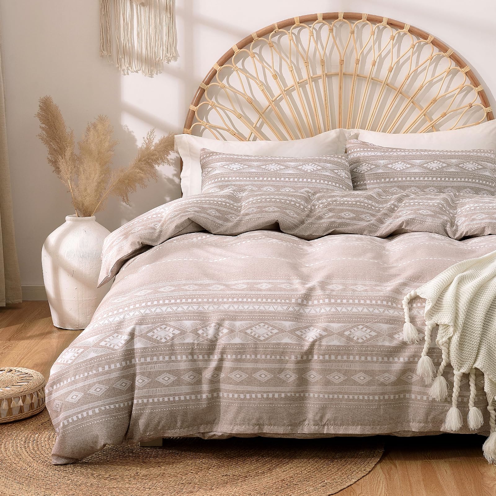 Lekesky Double Duvet Cover Set Brown Bedding, Geometric Stripe Printed Double Duvet Set (1x Duvet Cover, 2x Matching Pillowcase) Soft Microfiber Double Duvet Cover 200x200 cm, Brown