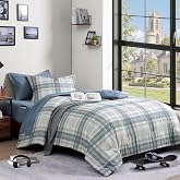 Plaid Twin XL Comforter Set Blue Grey 5 Pieces College Dorm Bed in a Bag | Farmhouse Lightweight Bedding Sets for Boys Girls Teen with Sheets, Pillowcase &amp; Sham