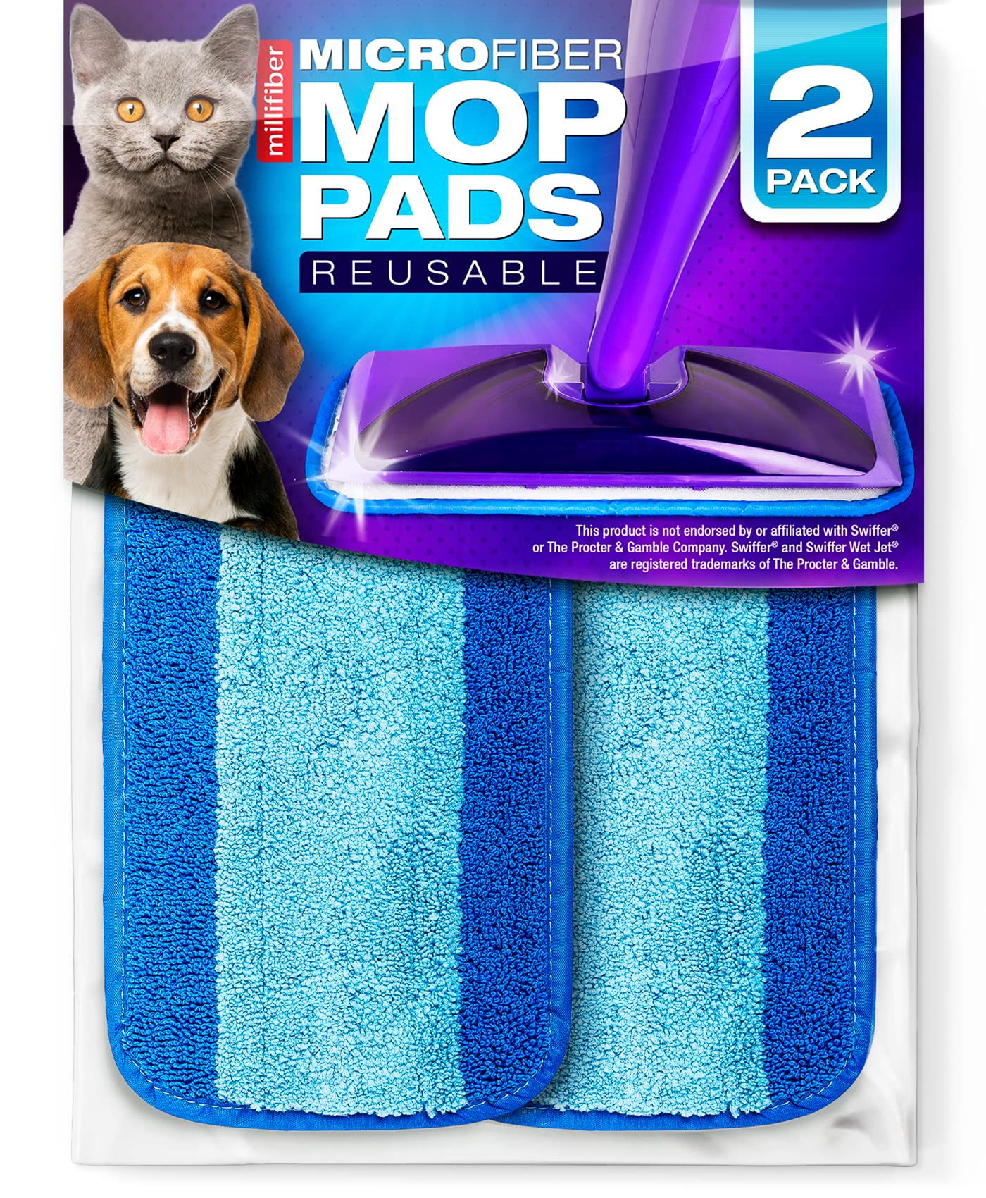 Millifiber Reusable Mop Pads Compatible with Swiffer WetJet (2 Pack) - Microfiber Mop Refill for Wet Mopping Cloths - Hardwood Floor Cleaning Spray Pads Reusable Replacements