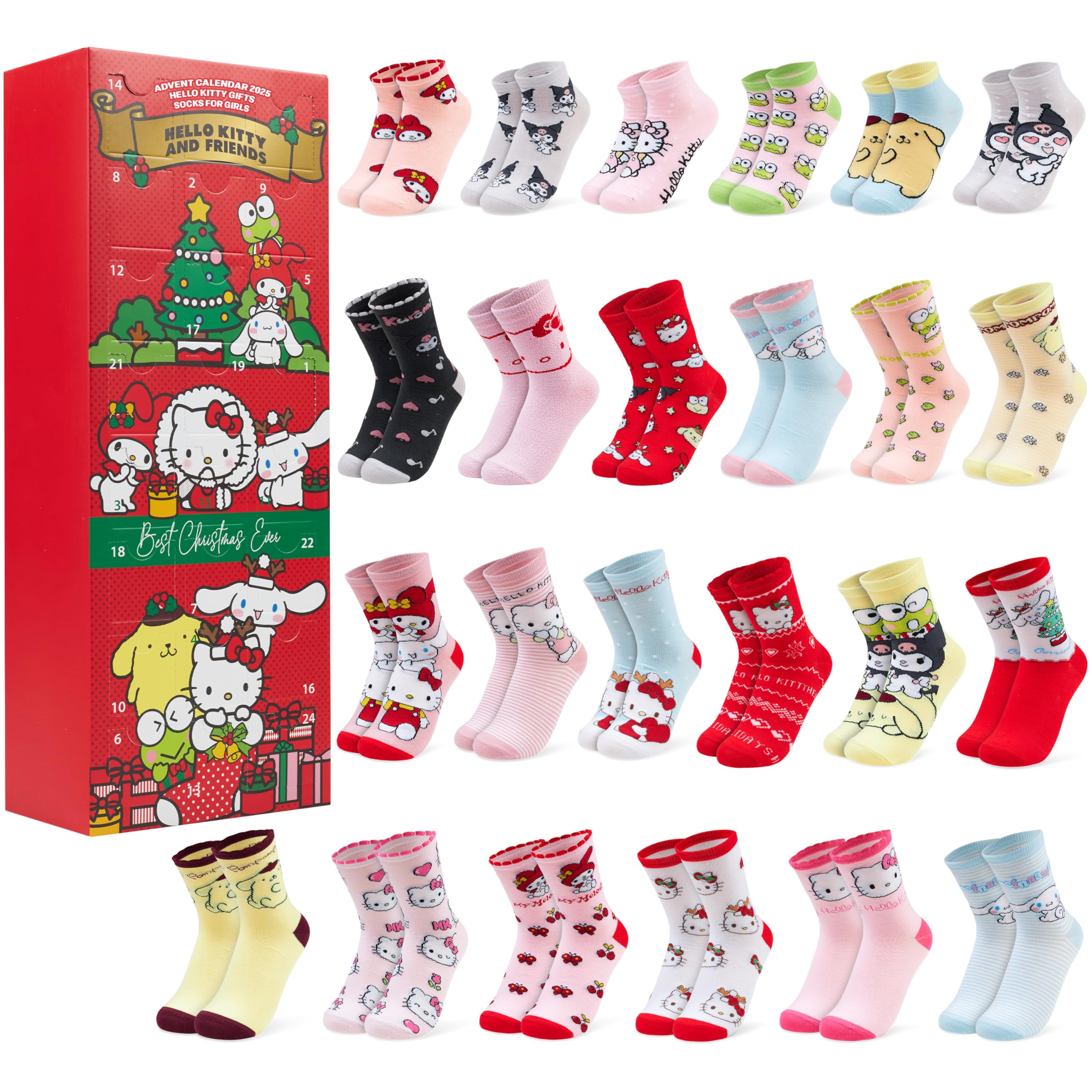 Hello Kitty Sanrio Socks Advent Calendar 2025 Girls Teens Women Size 1-6.5, 24 Pcs Christmas Countdown, Kuromi Cinnamoroll Pompompurin, Gifts for Her