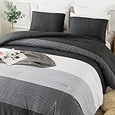 Andency Full Size Comforter Set,3 Pieces Black White Gray Patchwork Striped Comforter(79x90 Inch), Soft Microfiber Down Alternative Full Comforter Bedding Sets with Corner Loops