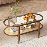 GIANTEX Rattan Coffee Table, 2-Tier Oval Acacia Wood Tea Table w/Tempered Glass Tabletop &amp; PE Rattan Storage Shelf, Boho Cocktail Tables, Mid Century Modern Center Table for Living Room Office, Brown
