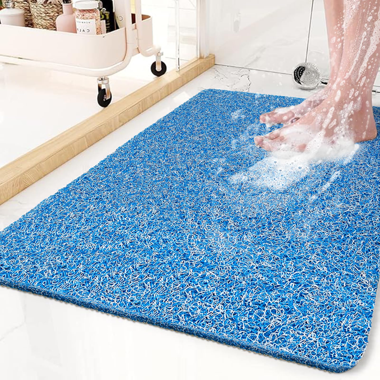 Shower Mat Non Slip Anti Mould: Bath Mats for Inside Bath- 60 x 40 cm Anti Slip Shower Mats for Inside Shower- Loofah Shower Mat Blue Long Washable Shower Matt for Elderly Wet Room Quick Dry