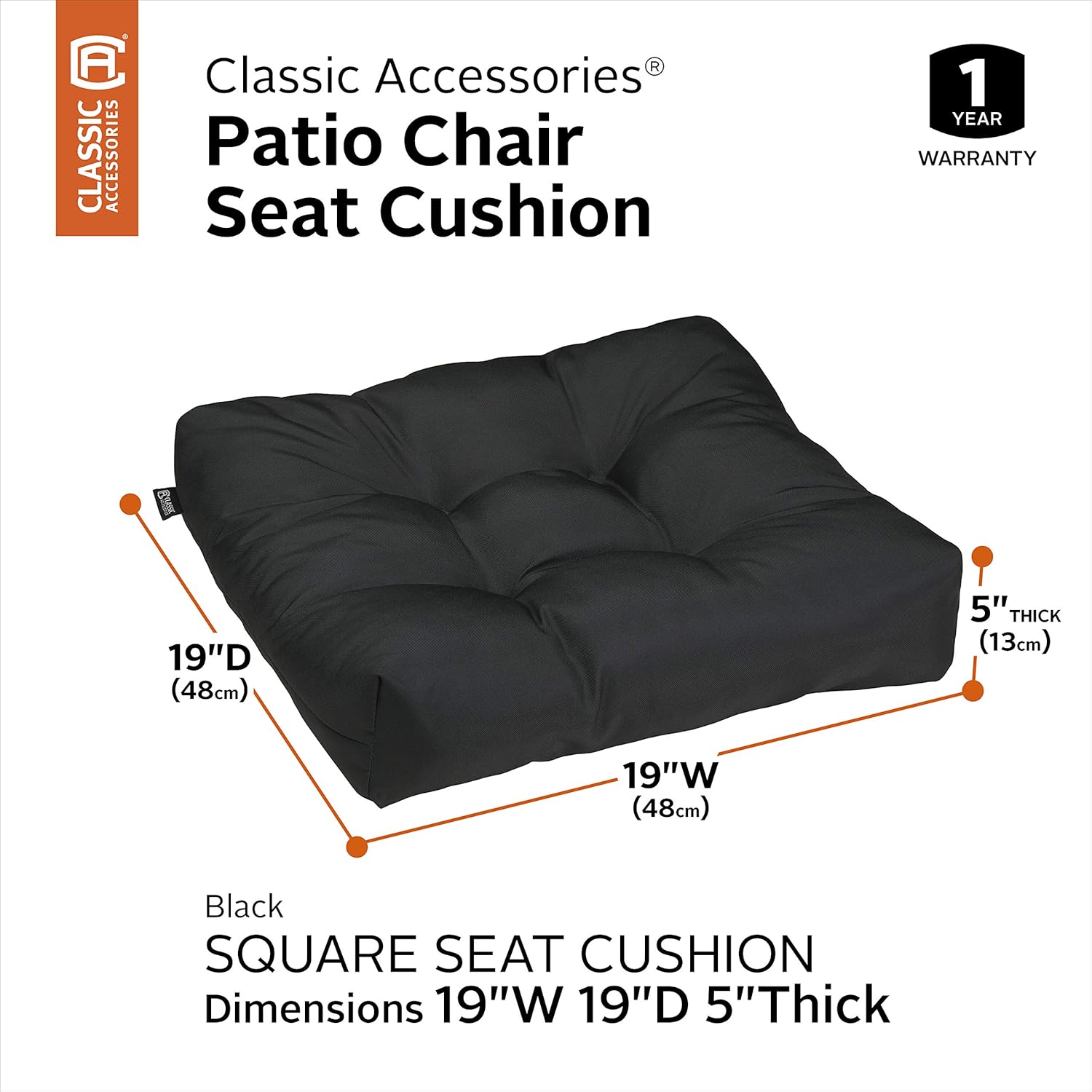 Classic Accessories Water-Resistant Square Patio Seat Cushions, 19 x 19 x 5 Inch, 2 Pack, Black : Garden & Outdoor