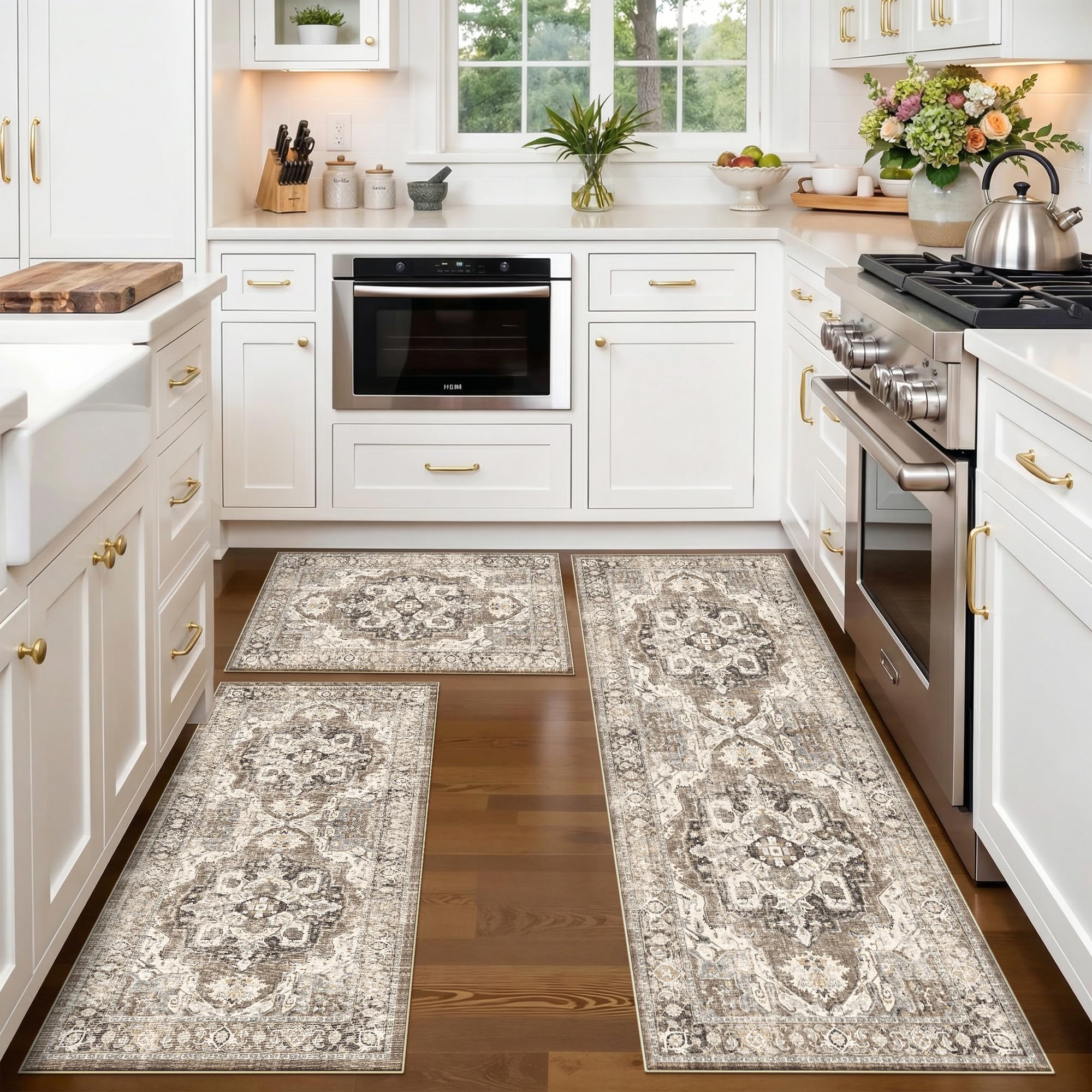 Washable Kitchen Rug Sets of 3: Boho Non-Slip Kitchen Mats for Tile/Hardwood Floor Vintage Farmhouse Small Rugs Soft Low Pile Carpet Runner for Hallway Bathroom Indoor Entryway (Beige,2x3+2x4+2x5) Image