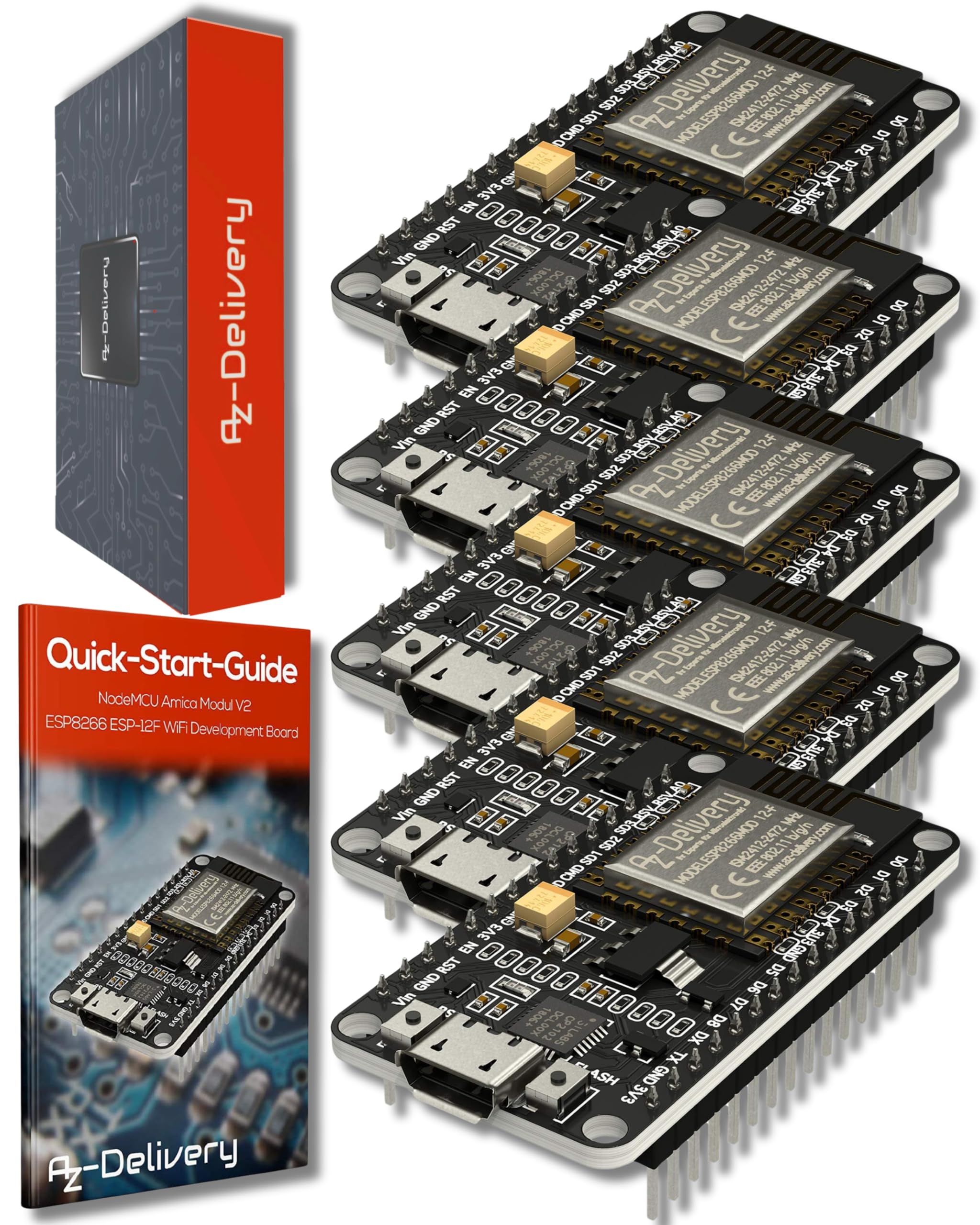 AZDelivery NodeMCU V2 WiFi Amica ESP8266 ESP-12F I2C Development Board CP2102 3.3V IoT Open Source Serial WiFi Module PWM IIC compatible with Arduino Including E-Book! (Pack of 5)