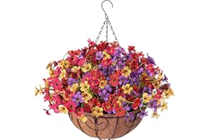 florisso Artificial Fake Flowers Plants Hanging Basket for Outdoor Spring Decor, Faux Silk Colorful Daisy UV Resistant Look Real for Home Outside Porch Balcony Patio Garden Yard Decoration