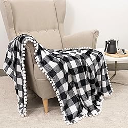 PAVILIA Black White Buffalo Plaid Throw Blanket Pom