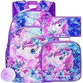 UFNDC 3PCS Girls Backpack, 16" Kids Bookbag with Lunch Box, Water Resistant School Bag for Elementary Preschool Toddler