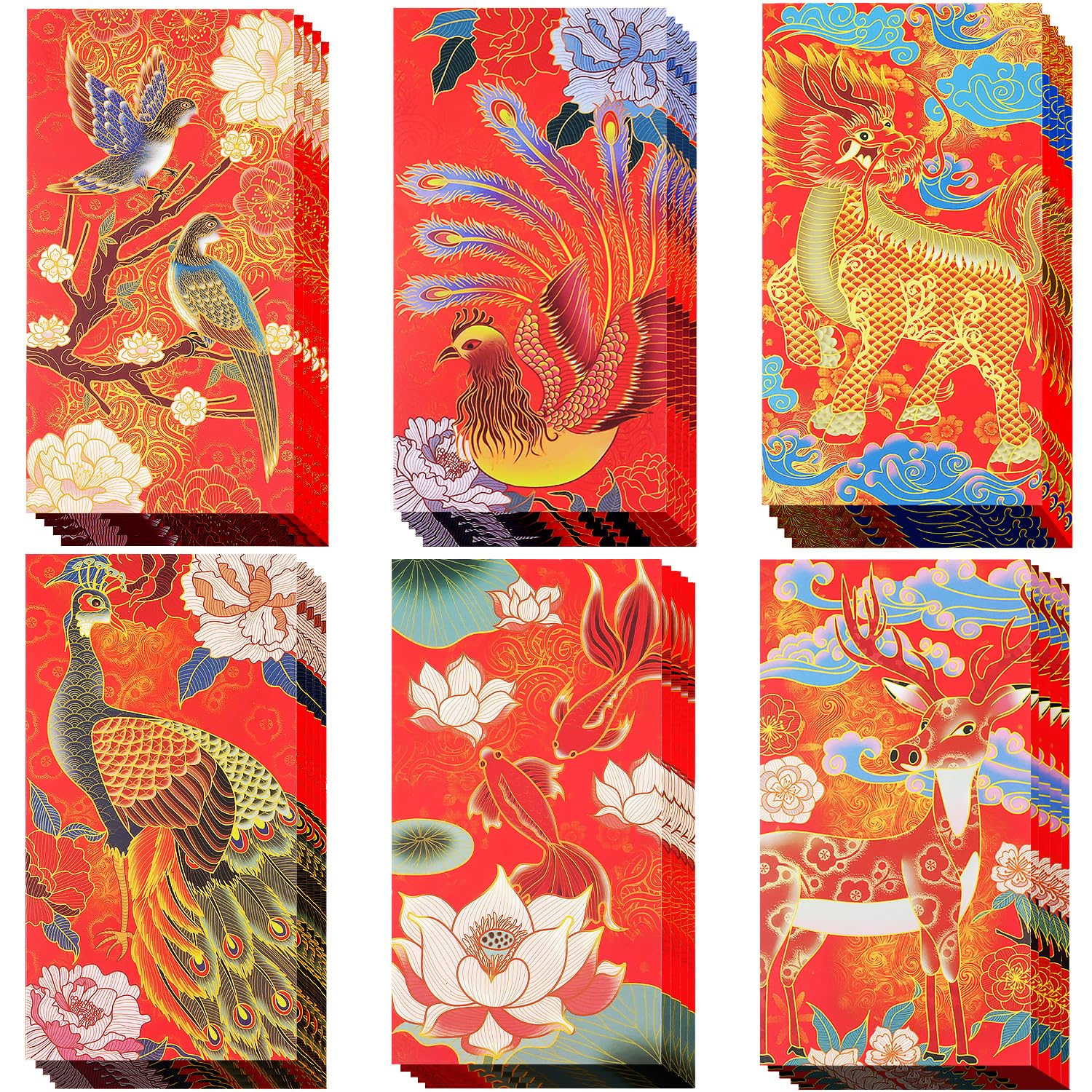 Chinese New Year Red Envelopes, 30 Pack 6 Styles Lucky Money Envelopes for Cash - 6.6 x 3.5 Inches, Peacock Dragon Goldfish Design Hong Bao Pocket for Lunar New Year, Spring Festival
