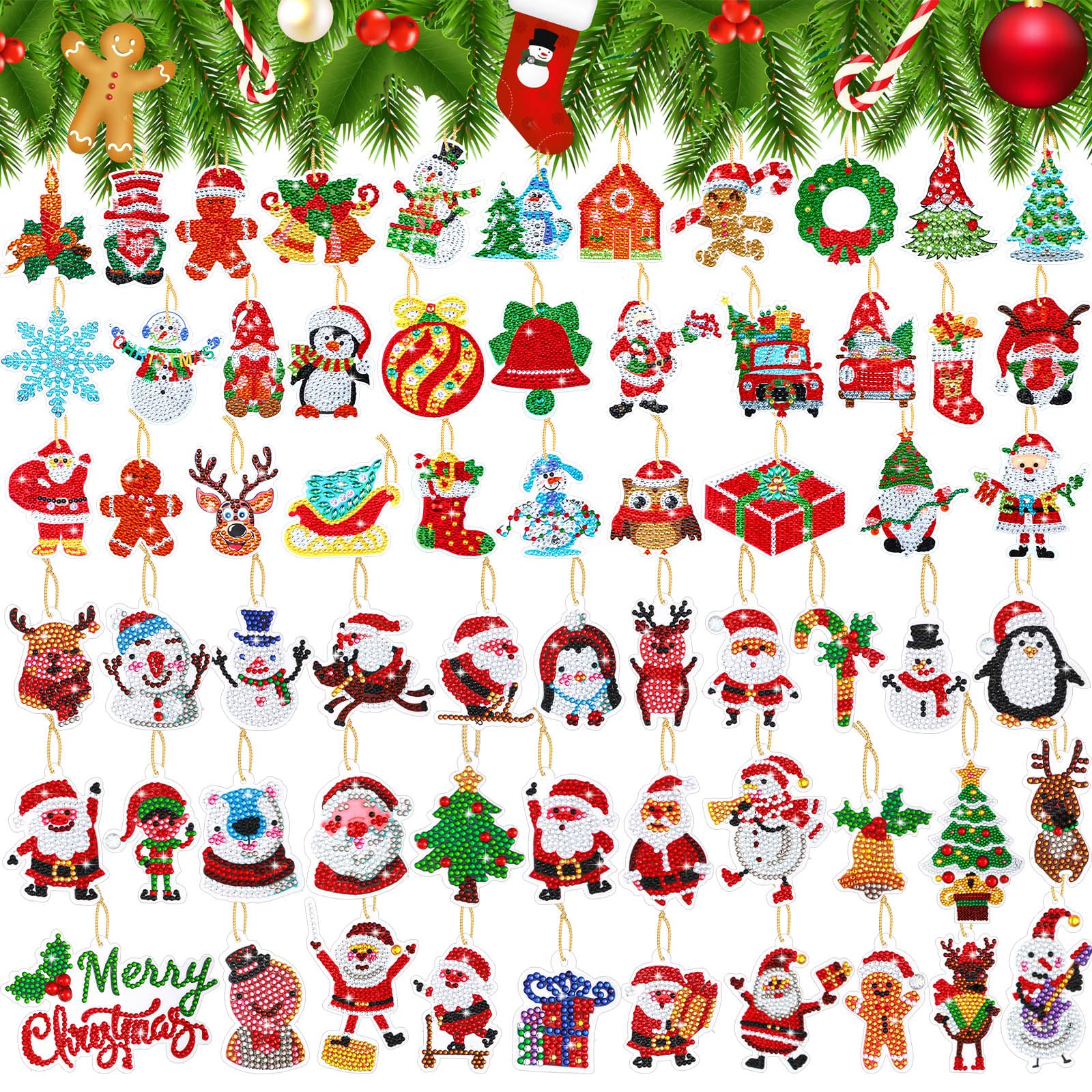 Photo 1 of Hungdao 64 Pcs Diamond Art Christmas Ornaments Kits Christmas Crafts for Adults Diamond Gem Art Winter Hanging Ornaments 5d DIY Painting Keychains Xmas Crystal Tree Snowman Home Decor(Classic Red)