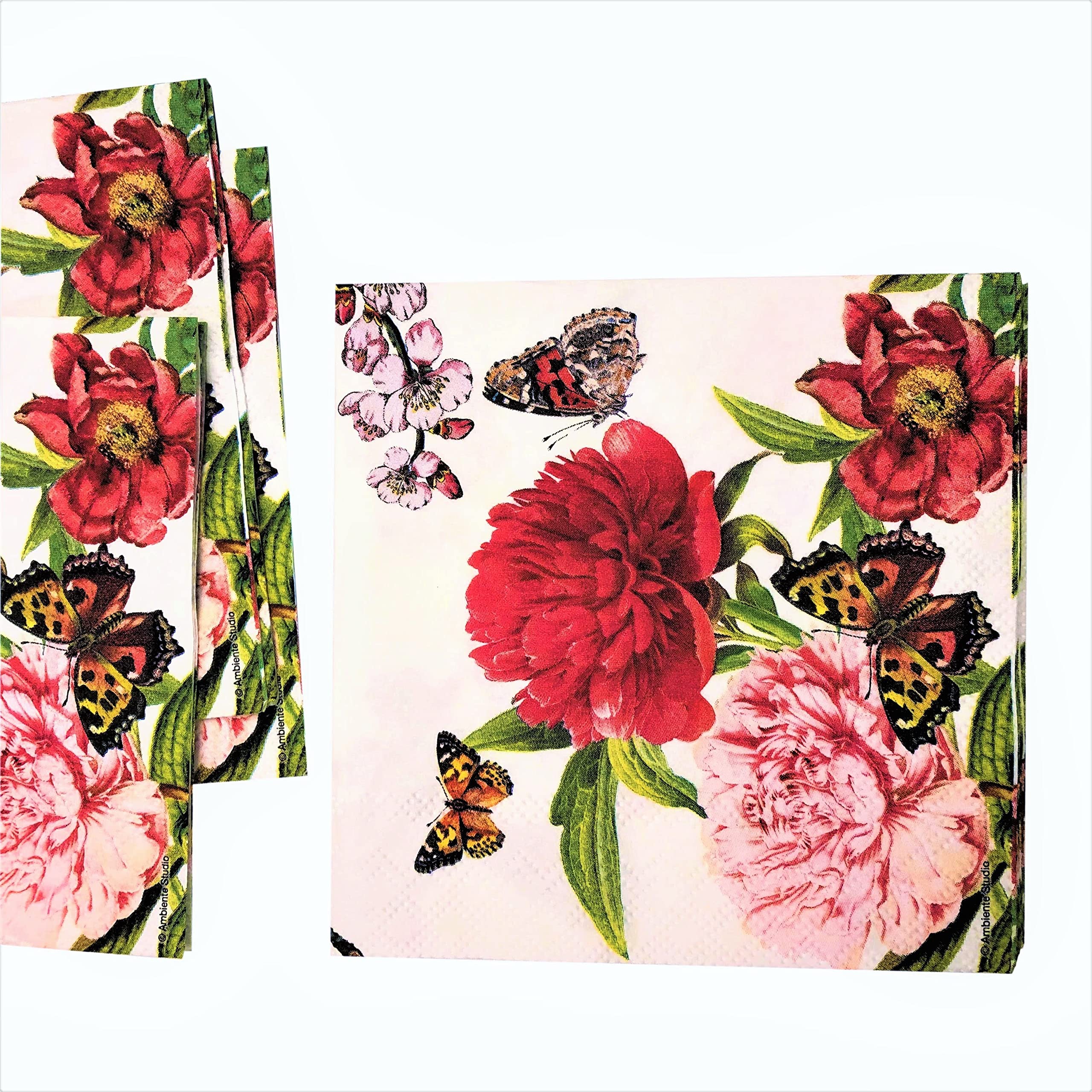 20-ct 3-ply 5x5 Peony Napkins White Floral Napkins Decorative Paper Napkins for Decoupage Floral Paper Napkins Floral Napkins Paper Valentine Napkins Mother's Day Napkins Pretty Flower Napkins Paper