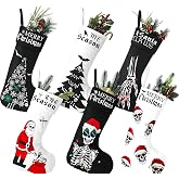 Kinlop 6 Pcs Black and White Gothic Christmas Stocking 17 Inches Goth Xmas Stockings Skeleton Hand Santa Claus Hanging Ornament for Christmas Tree Candy Gift Storage Bags Holiday Fireplace Party Decor