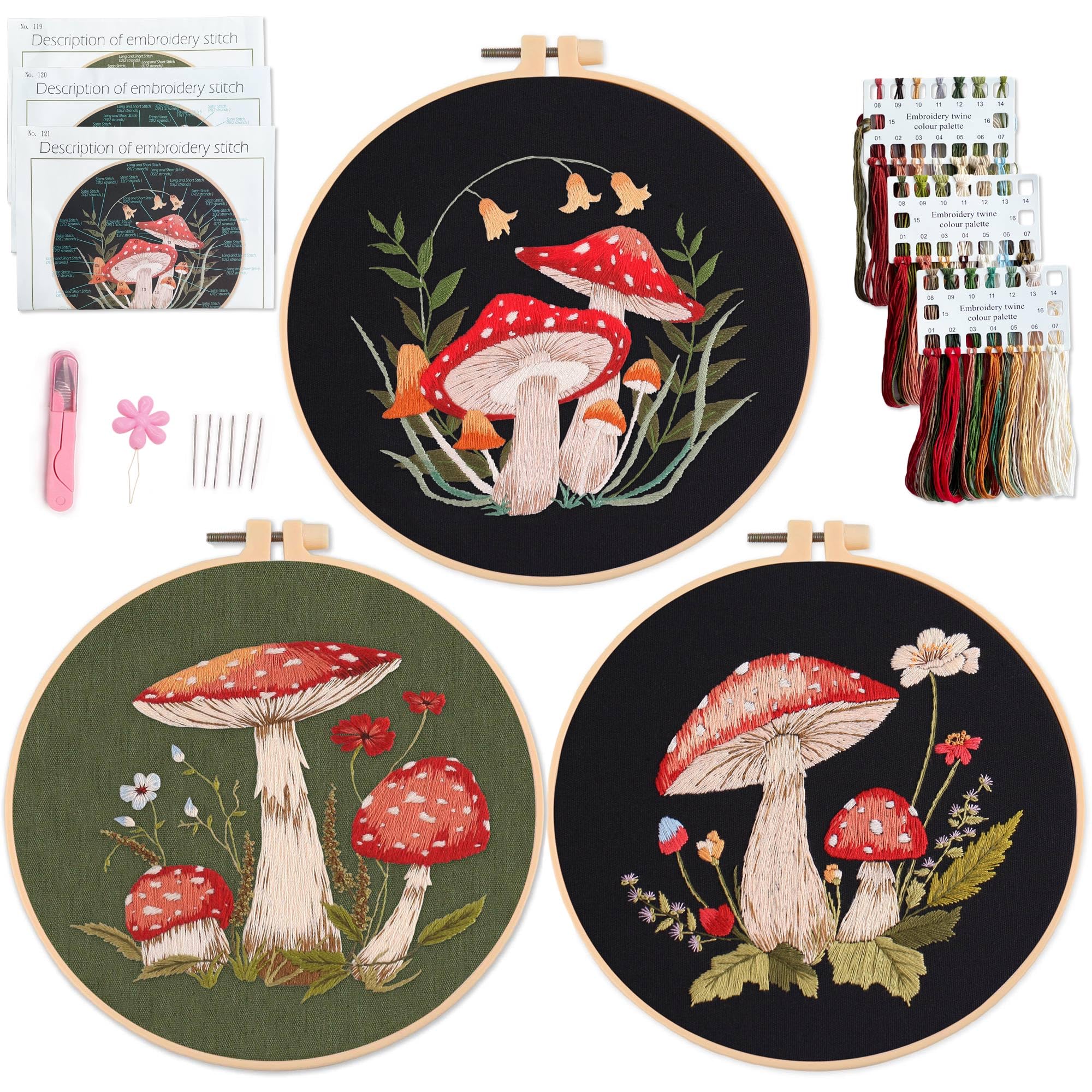 Myfelicity 3 Sets Mushroom Embroidery kit, Adult Beginner DIY Needle kit,Art Craft Handy Sewing Set — image 1