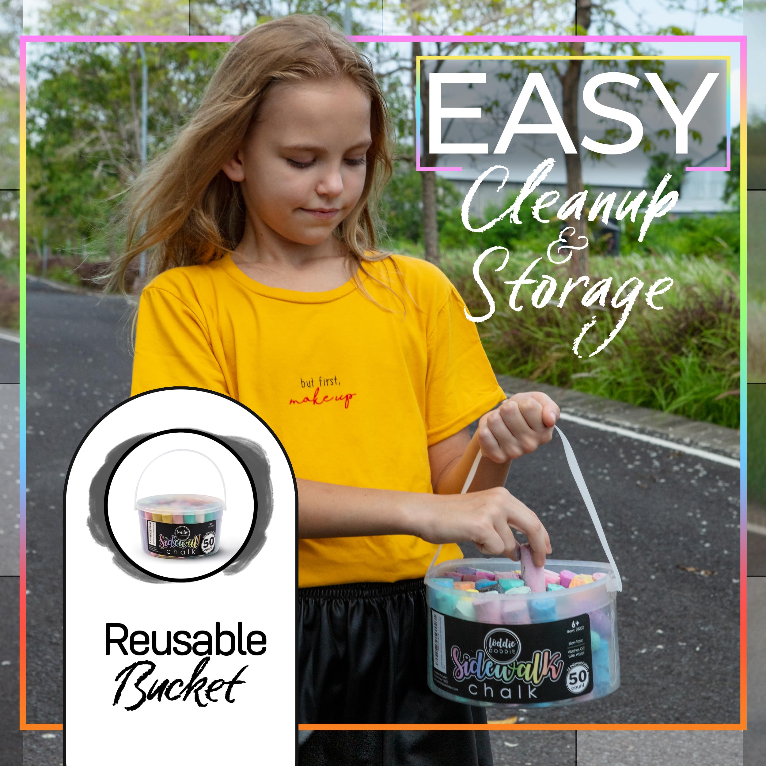 Loddie Doddie 50ct Sidewalk Chalk for Kids - 12 Colors Non-Toxic Jumbo Sticks in Reusable Bucket - Easy Clean Up for Fun & Creativity - Outdoor Chalk