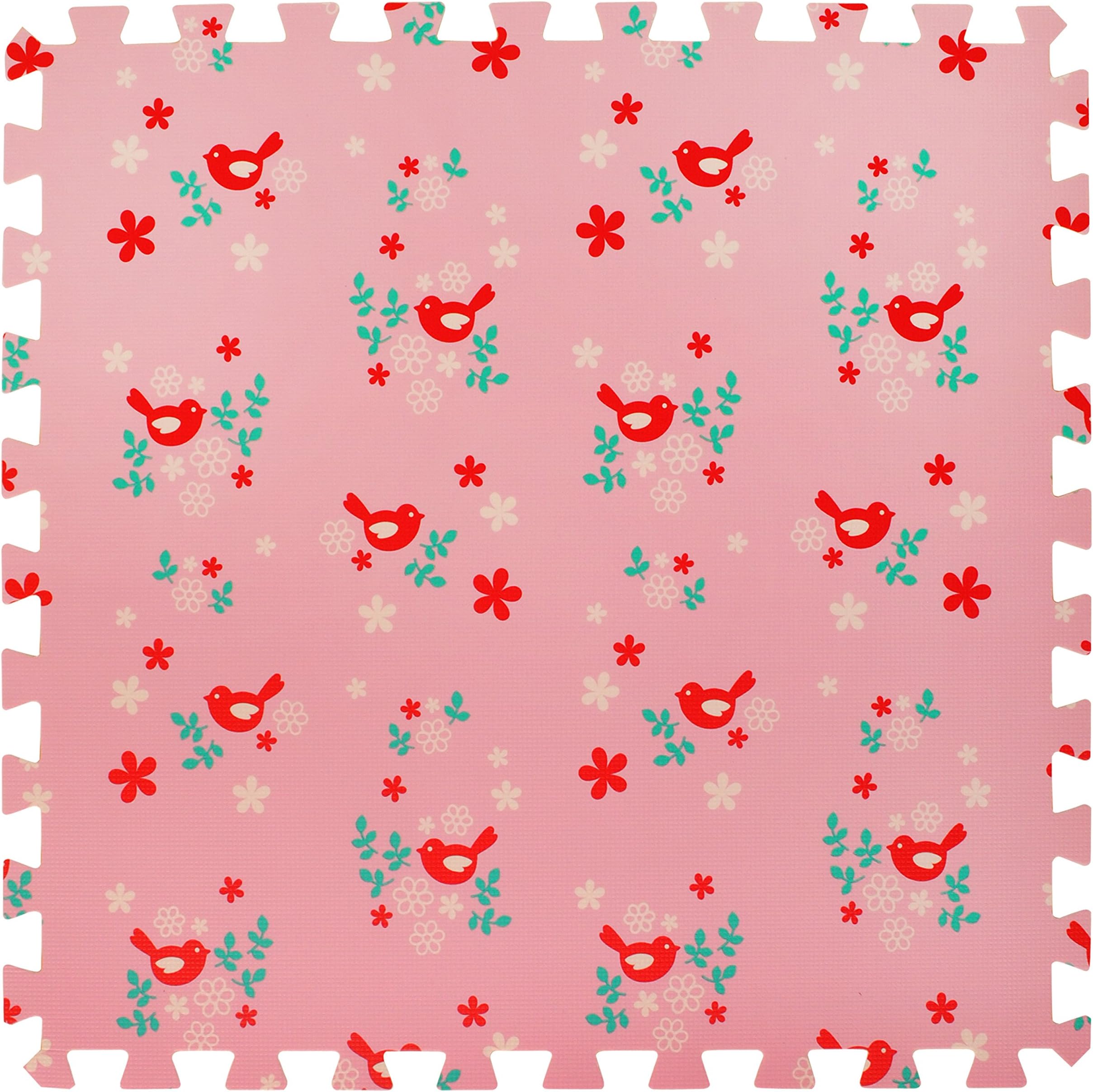 4 Large Children's Pink Foam Play Mats with Edges – 4 Large Soft Interlocking Floor Mats with Bird Pattern for Children. Each tile is 24 x 24in. Total area 48 x 48in.
