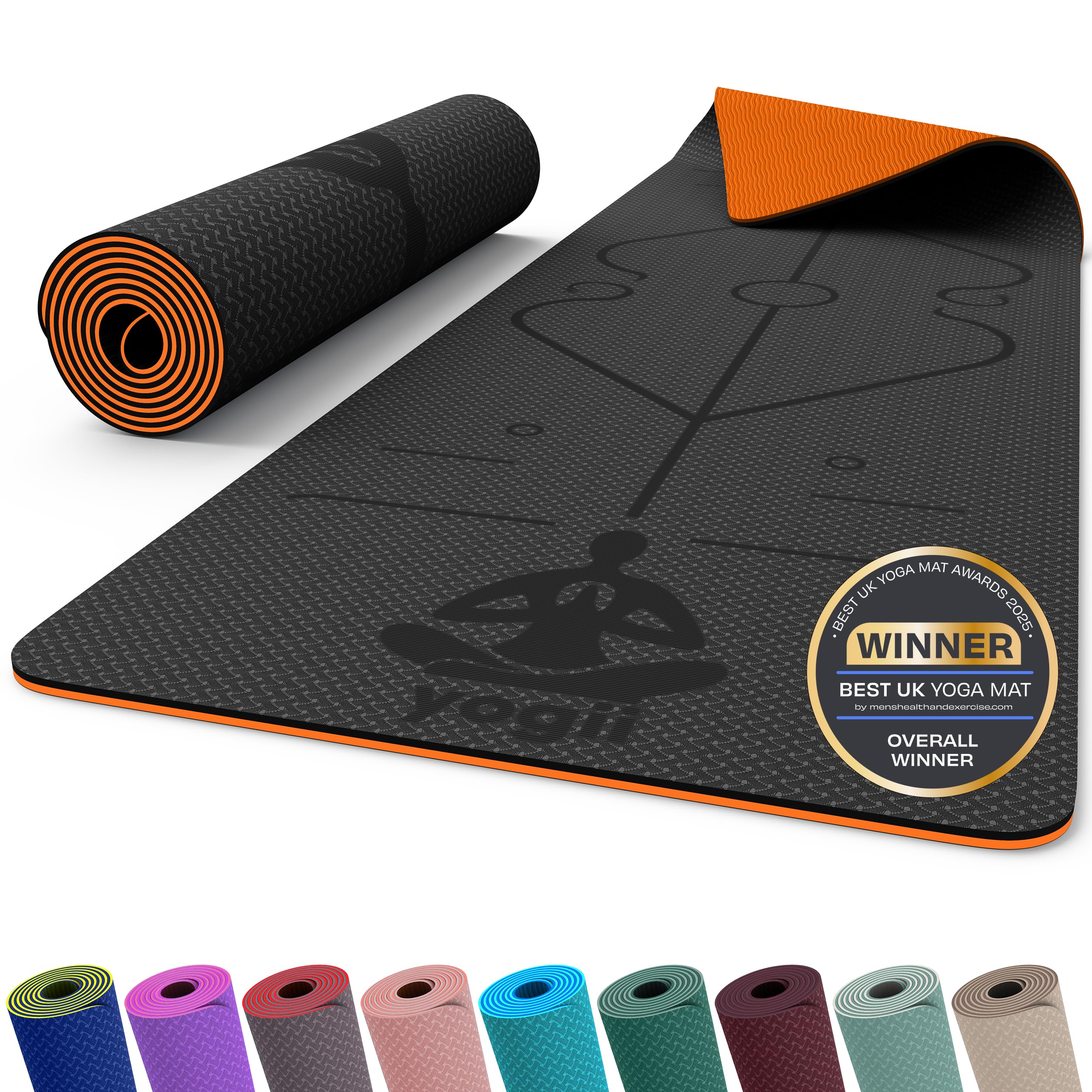 Yogii Yoga Mat - Non-Slip 6mm Thick TPE & Travel-friendly Yoga Mat - Perfect for Home & Gym Exercise Fitness & Pilates - With Laser Alignment Guides (Black/Orange) for Men & Women