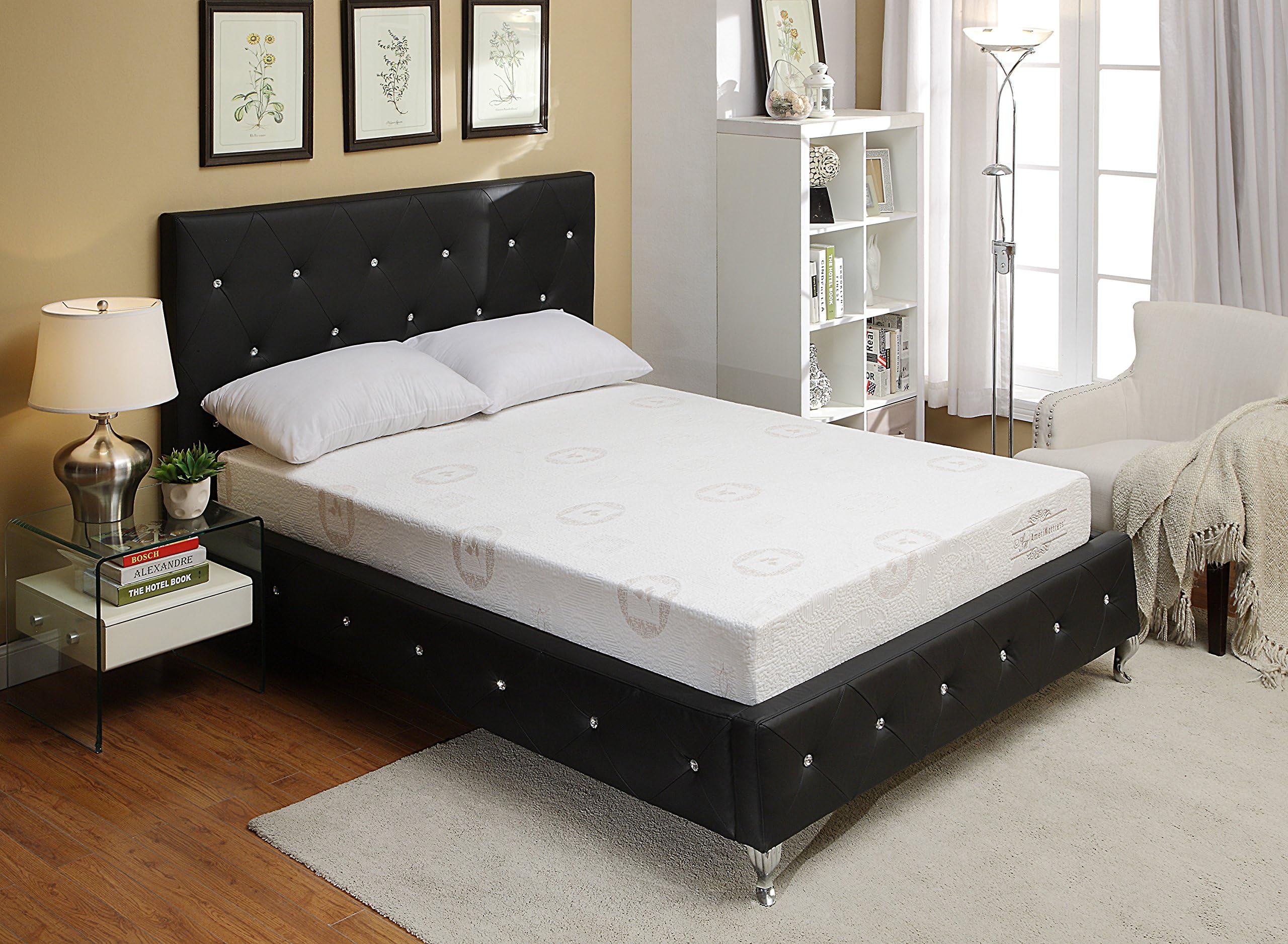AC Pacific Modern California King Size Upholstered and Crystal Tufted Bed with Headboard, California King, Black