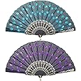 Jetec 2 Pieces Handheld Folding Fan Sequin Fabric Folding Lace Trim Fabric Rave Fan for Line Dancing Flamenco Spanish 1920s Costume Decoration(Purple, Blue)