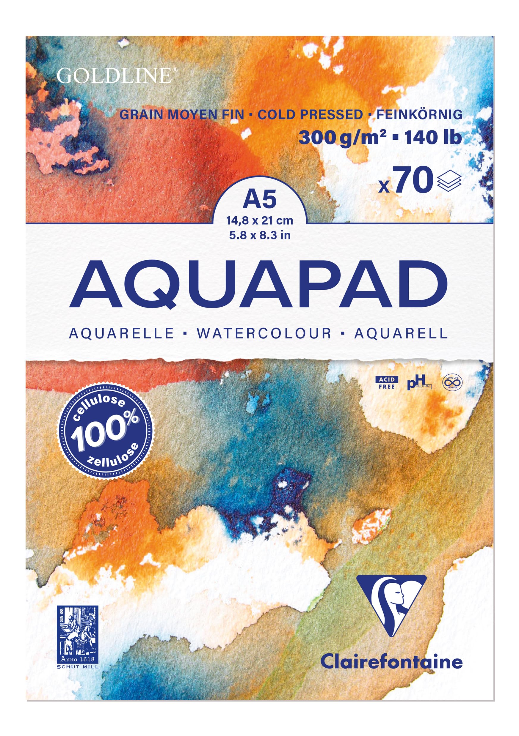 Clairefontaine 975720C Bloc Encollé Goldline Aquapad - 70 Feuilles Papier Aquarelle Blanc Grain Moyen Fin A5 14,8x21 cm 300g - Paquet de 3 blocs